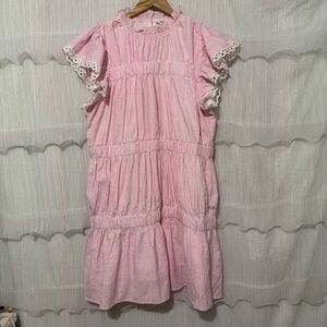 Aureum Pink White Pinstripe Tiered Ruffle Dress Size M Eyelet Cottagecore NWT